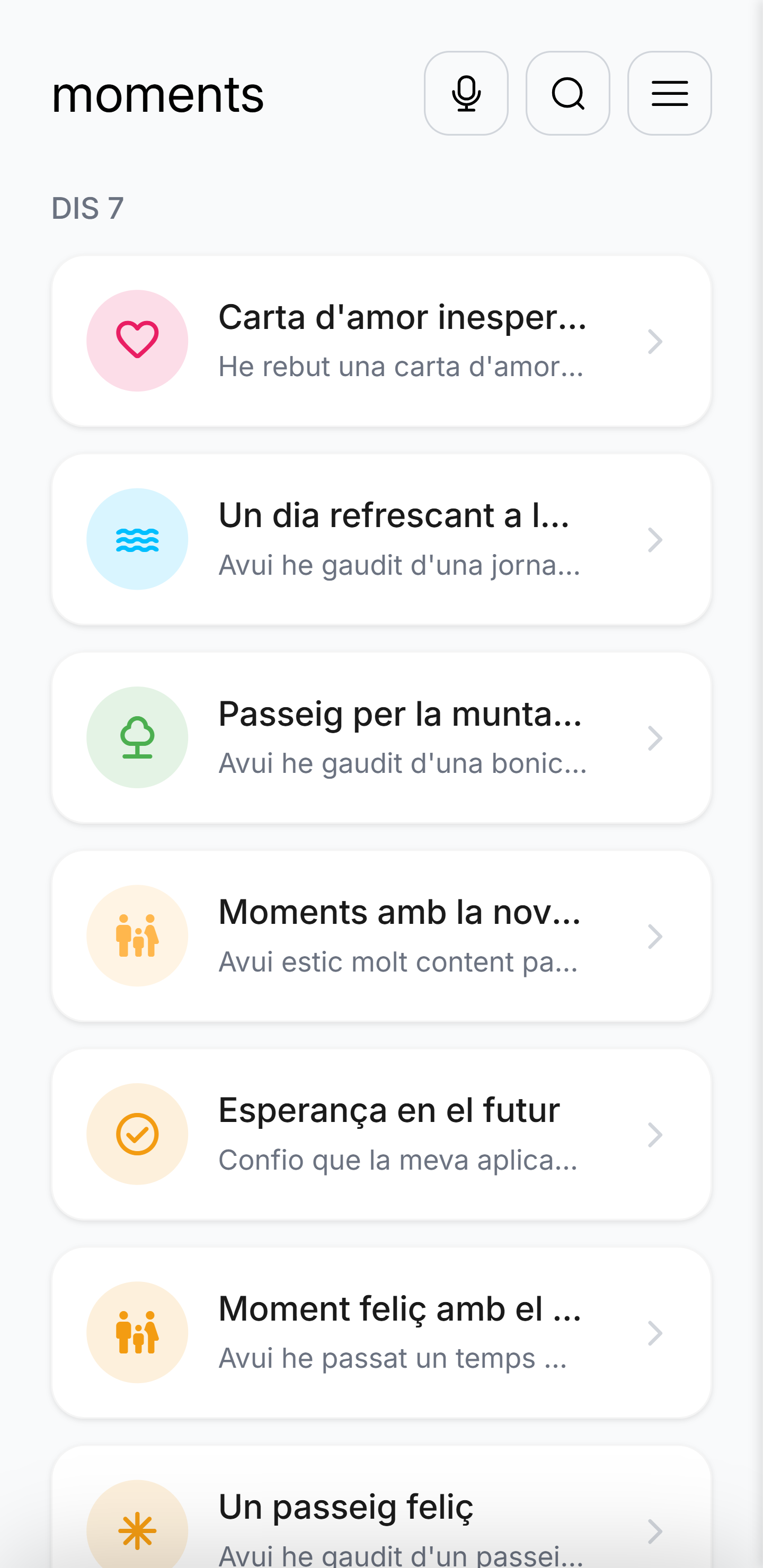 Guardamoments — Pantalla principal